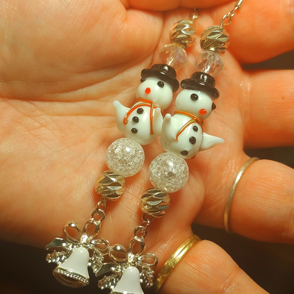 Charming Handmade Crystal And Gemstone Snowman Earrings With Silver Bells
